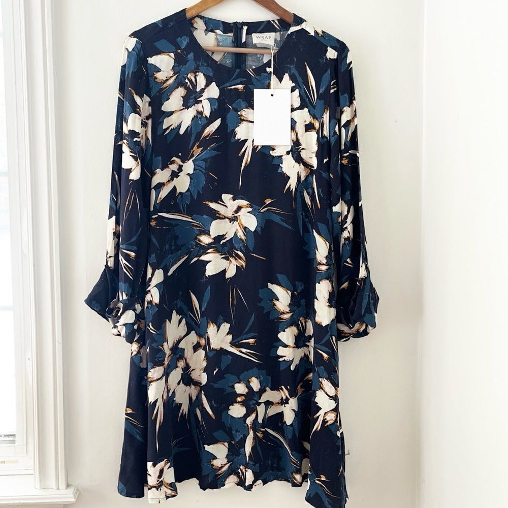 NWT Wrap London Floral Navy Shift Dress Linen Blend 8